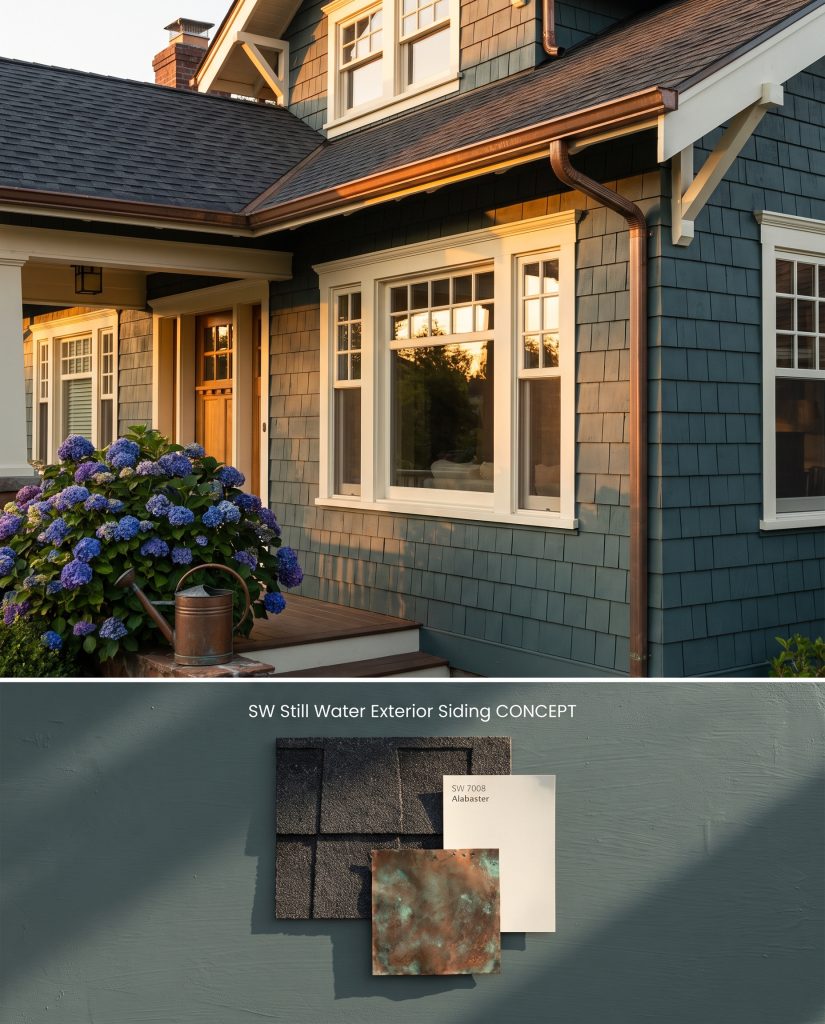 A split visualization of a craftsman bungalow exterior in moody blue-green cedar shake, resting above charcoal shingle and aged copper elements.
