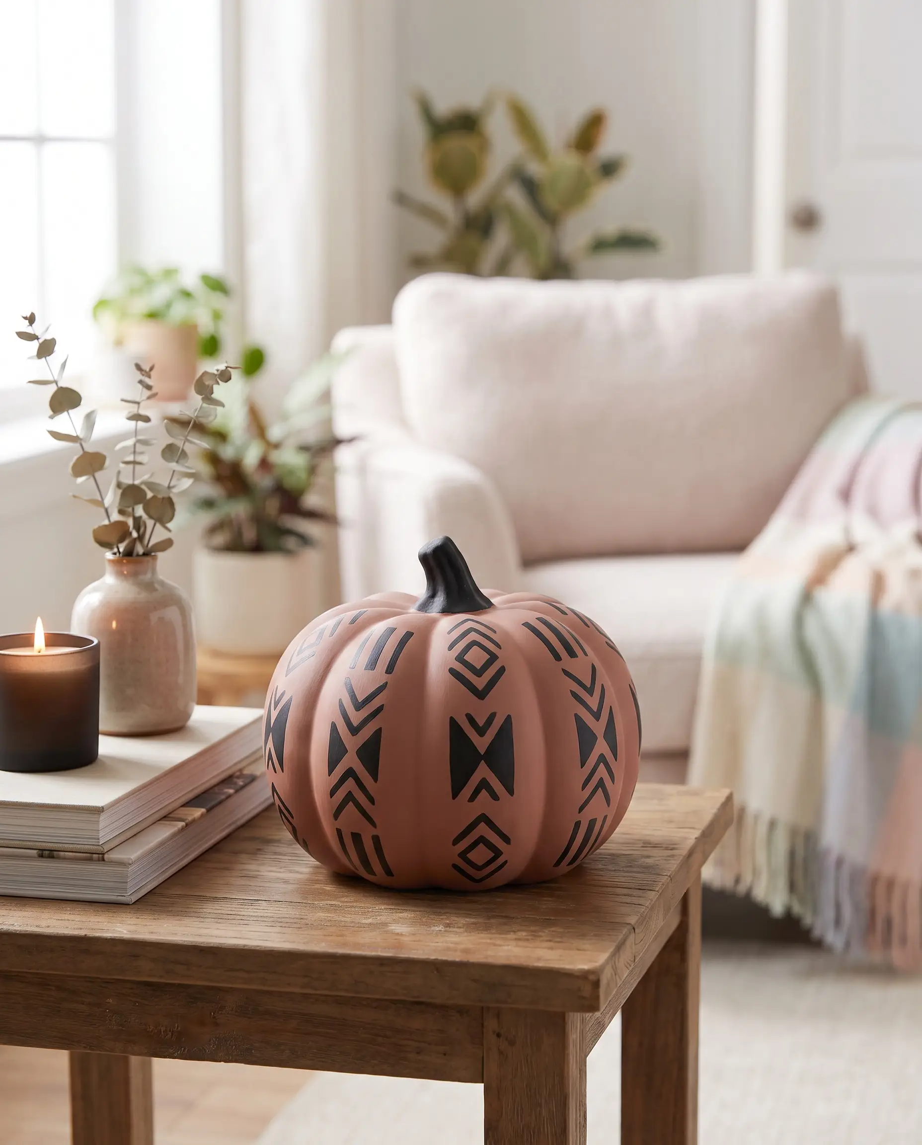 A sophisticated matte pumpkin painted in Farrow & Ball Sulking Room Pink features sharp matte black details while resting on a living room side table.