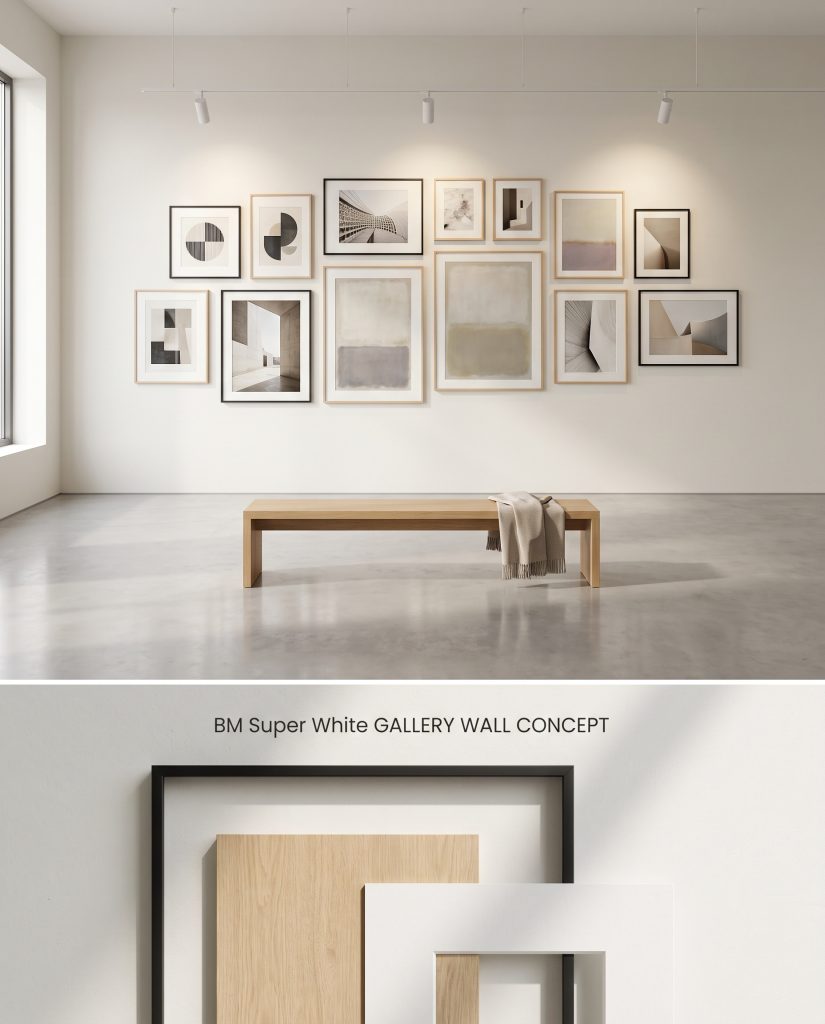 A conceptual split board showing an asymmetrical gallery wall under track lighting on the top half and physical framing materials below.
