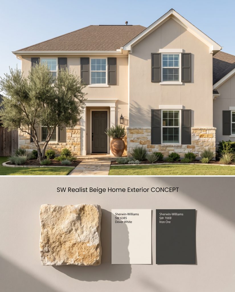 A digital split board displaying a home exterior with SW 6078 smooth stucco above a textured material flat-lay of Texas limestone.