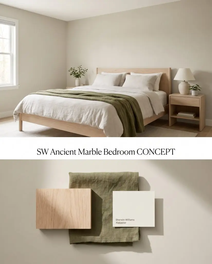 A composite digital board featuring a warm minimalist bedroom on the upper half and a textured flat-lay with white oak and linen below.