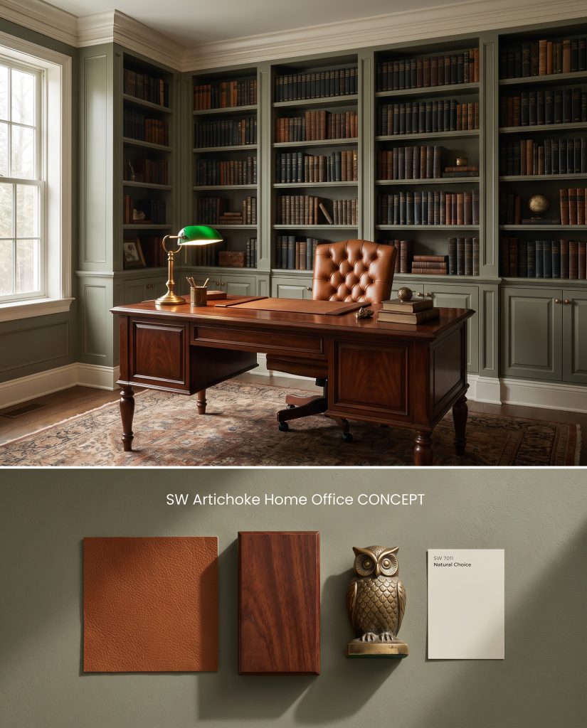 A dual-section digital board presenting a moody home office with built-in bookshelves on top and mahogany and leather samples below.