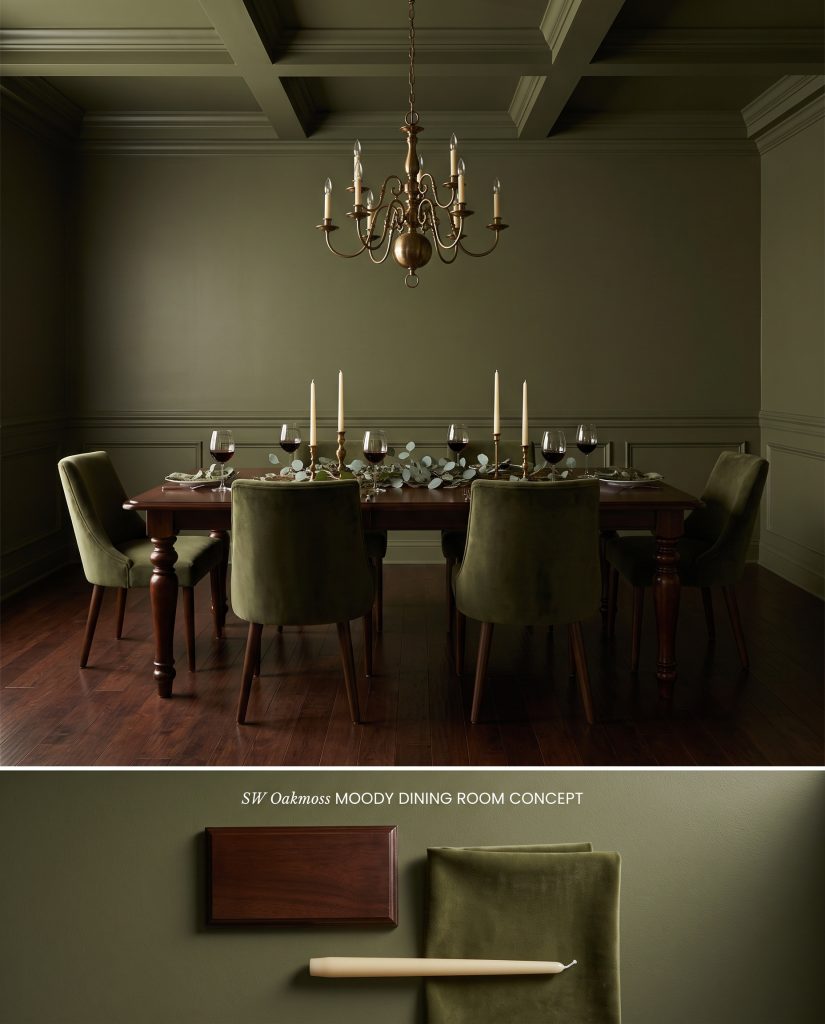 A split conceptual visualization showing a color-drenched olive green dining room over a tactile arrangement of dark mahogany and green velvet.