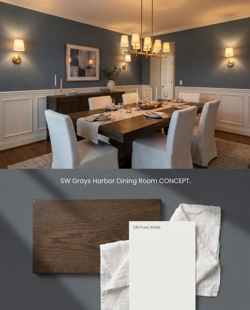 A split visualization board illustrating a tailored dining room on top and tactile representations of dark oak and white linen below.