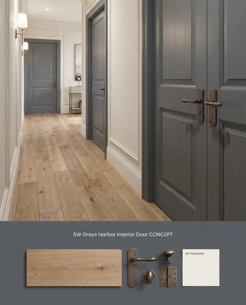A composite digital board featuring painted interior doors above and physical representations of European white oak and aged bronze below.