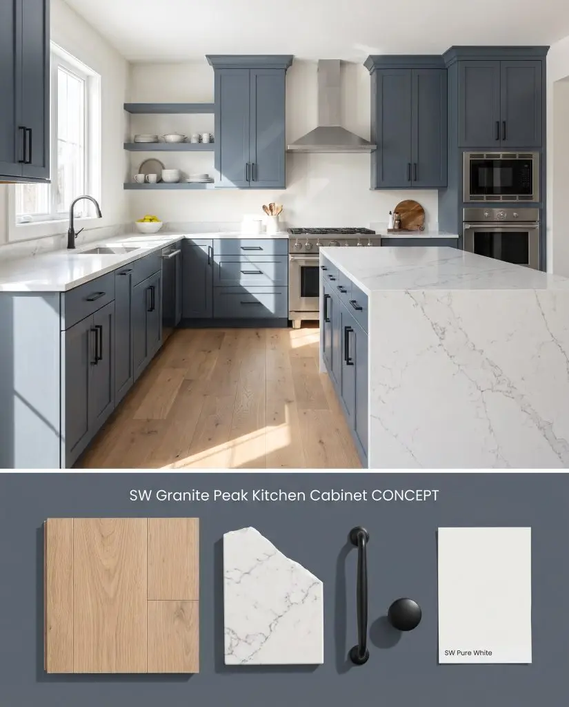A conceptual digital board featuring contemporary kitchen cabinets on top and physical representations of light oak and veined quartz on the bottom.