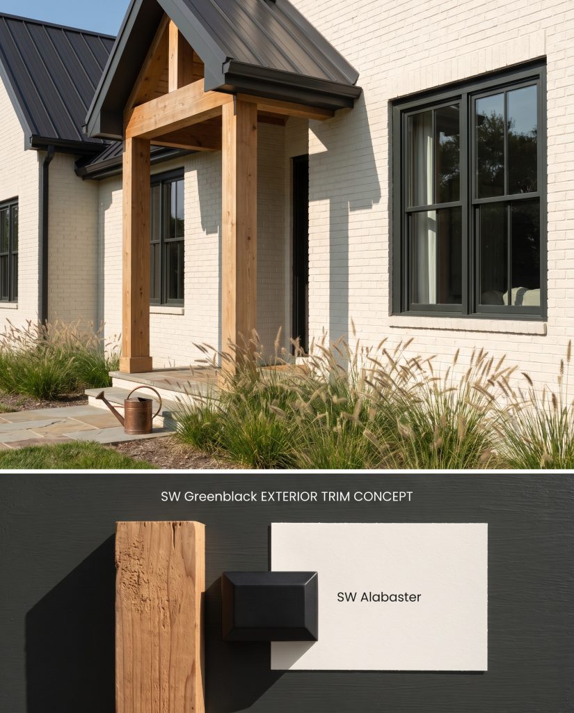 A split digital conceptual board displaying a modern farmhouse exterior with dark trim above a textured flat-lay of cedar and metal materials.