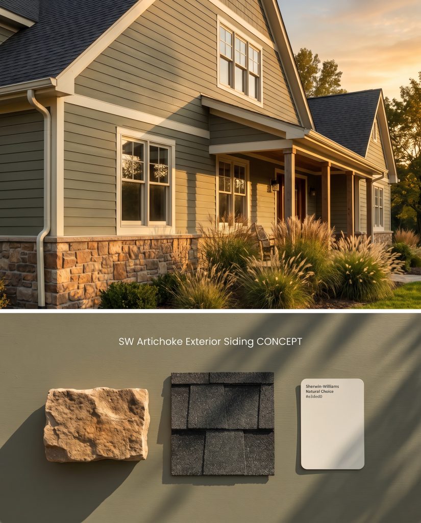 A composite digital board displaying a green lap siding exterior bathed in golden hour light above a textured flat-lay of fieldstone and shingles.