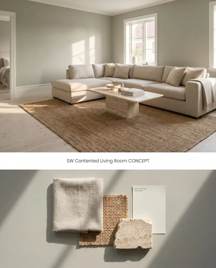 A composite digital board displaying a soothing gray-green living room above a textured flat-lay of oatmeal linen and travertine stone.