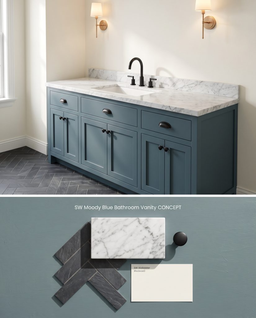 A conceptual board for a bathroom displaying a deep blue-green vanity above a physical flat-lay of Carrara marble, charcoal slate, and matte black hardware.
