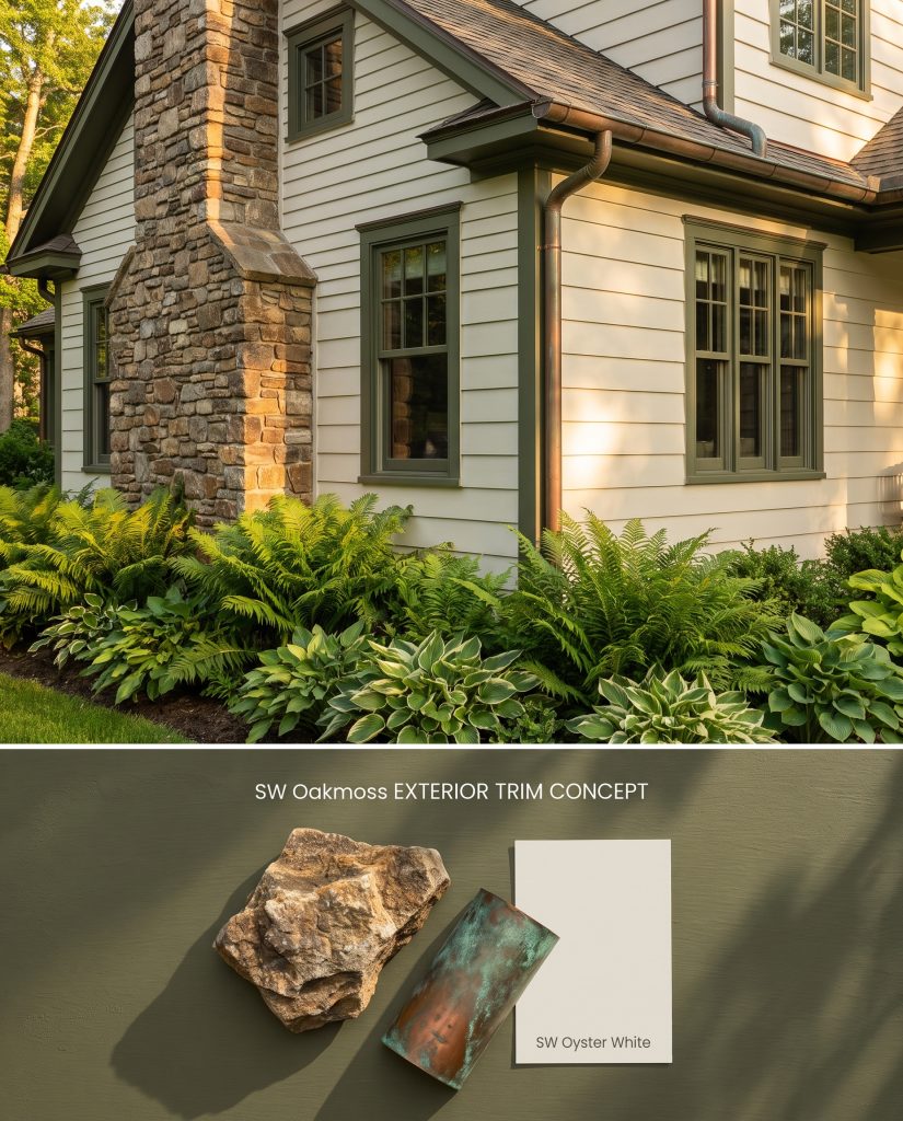 A composite layout presenting olive green exterior window trim on light wood siding above a physical flat-lay of natural stone and aged copper.