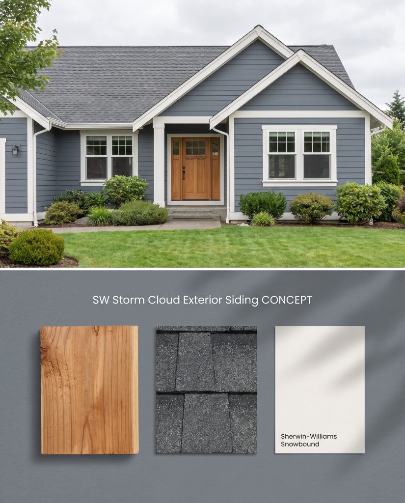 A composite visualization featuring home exterior lap siding painted in a cool gray-blue above a flat-lay of natural cedar and charcoal shingles.