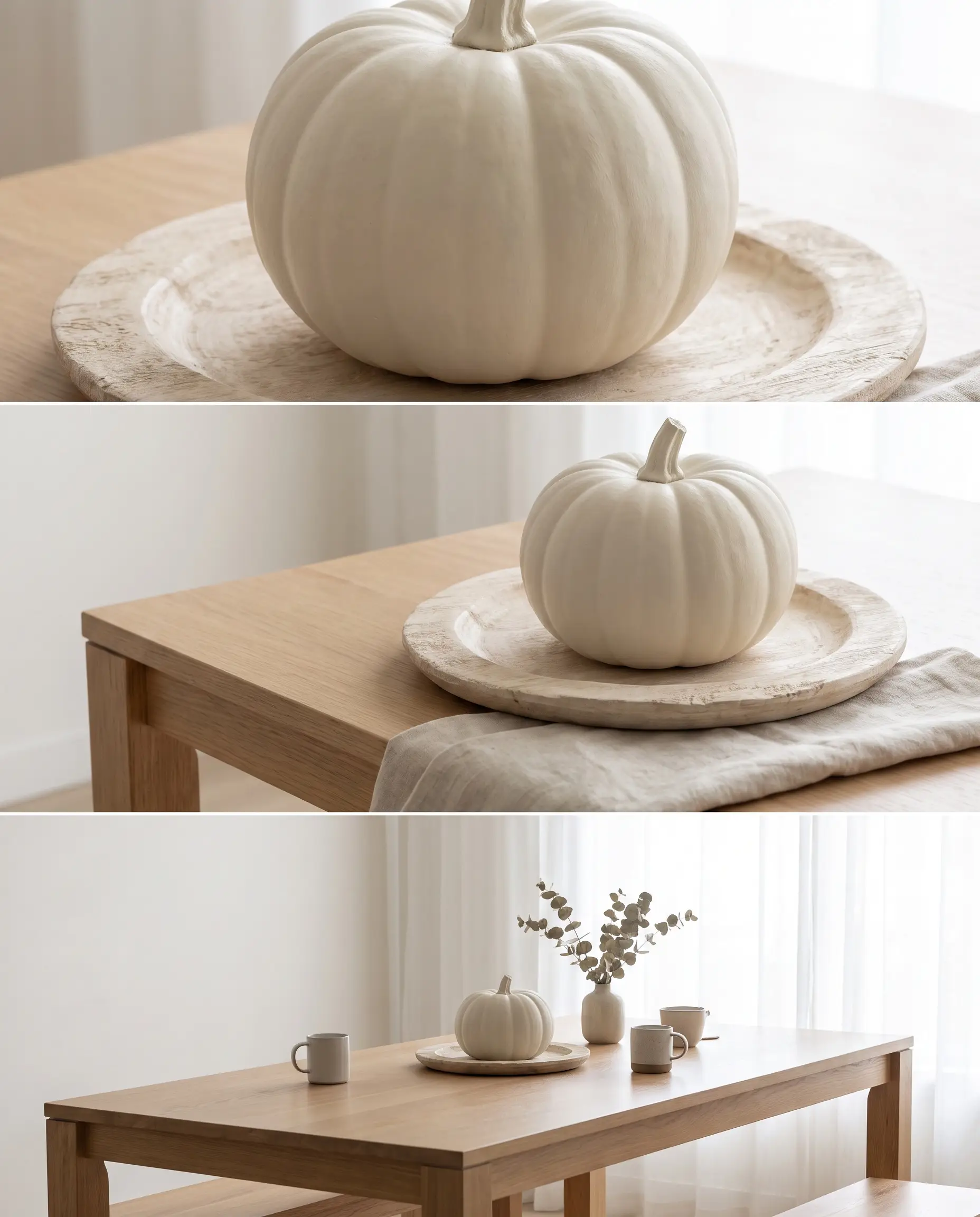 A stark matte pumpkin painted in Benjamin Moore Swiss Coffee sits perfectly centered on a raw bleached wood charger atop a clean dining table.