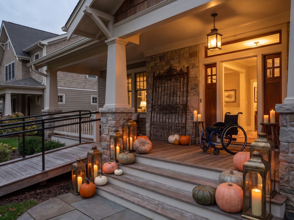 Smooth organic pumpkins mix with oversized brass floor lanterns, staggered pillar candles, and an antique iron gate salvage piece on a welcoming home porch.