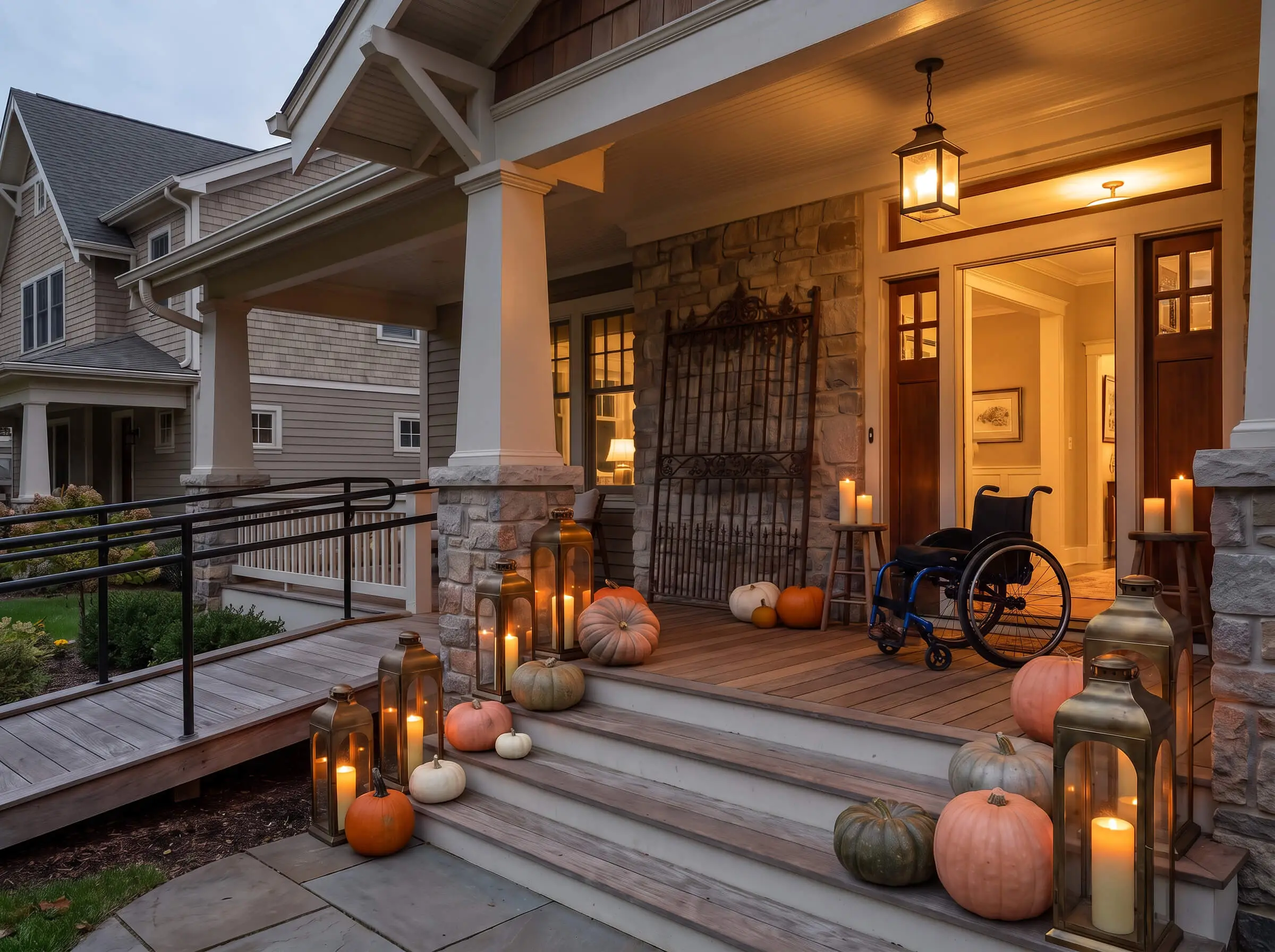 Smooth organic pumpkins mix with oversized brass floor lanterns, staggered pillar candles, and an antique iron gate salvage piece on a welcoming home porch.