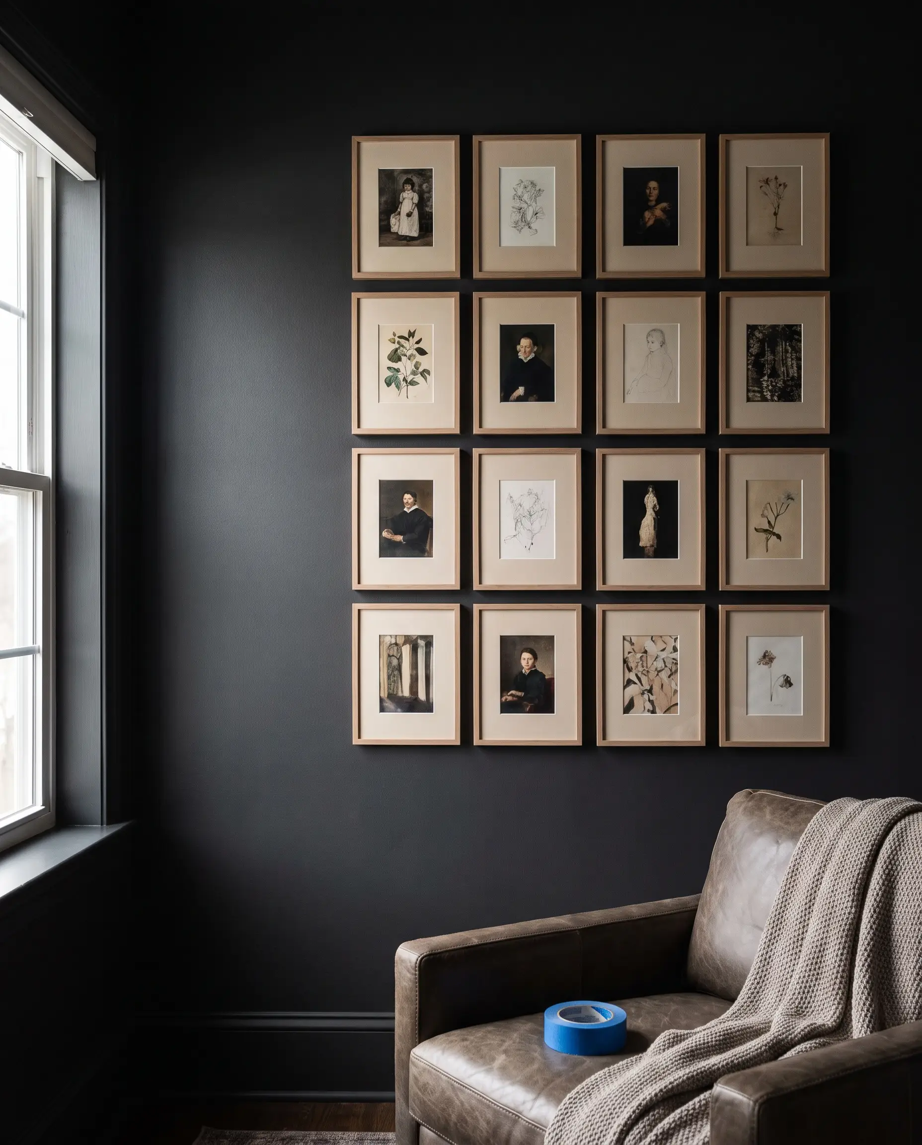 A cohesive grid of framed art with exactly two inches of negative space hangs on a dark gray wall behind a casual armchair.