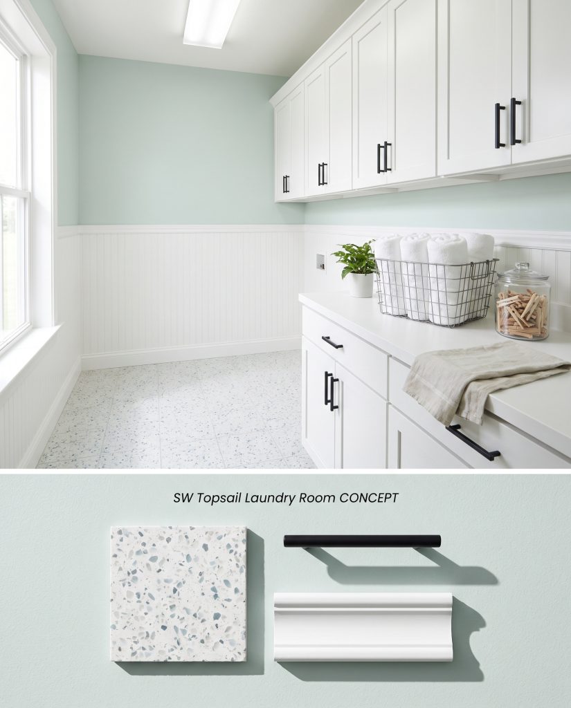 A digital material board presenting a fresh laundry room with pale blue-green walls above a textured arrangement of terrazzo and matte black.