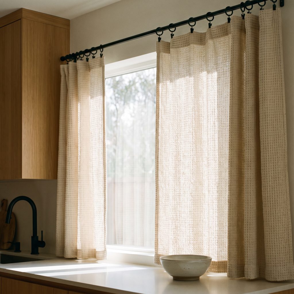 Unlined waffle weave cotton modern kitchen curtains hang from matte black clip rings on a slim rod beside smooth oak cabinetry and a clean countertop.