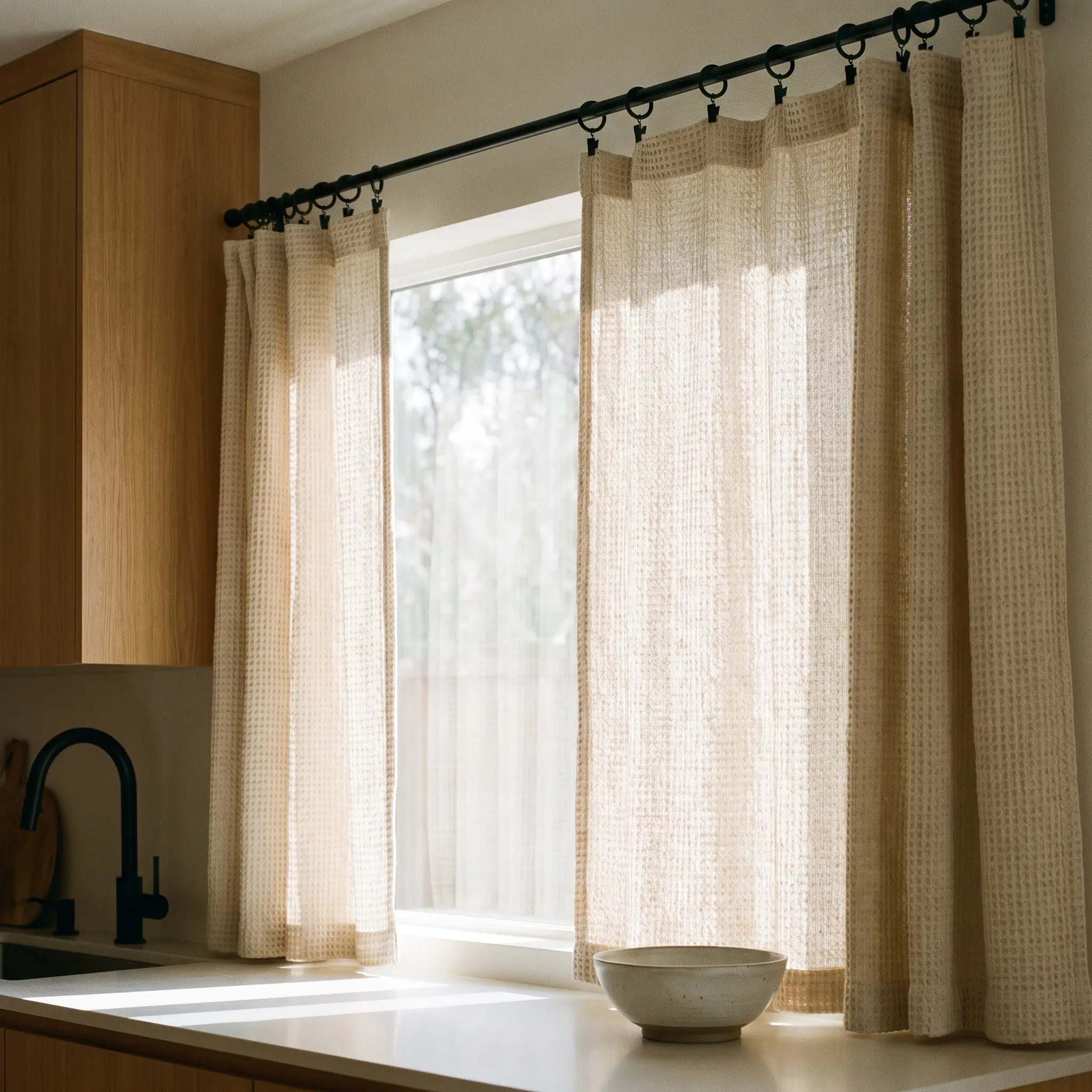 Unlined waffle weave cotton modern kitchen curtains hang from matte black clip rings on a slim rod beside smooth oak cabinetry and a clean countertop.