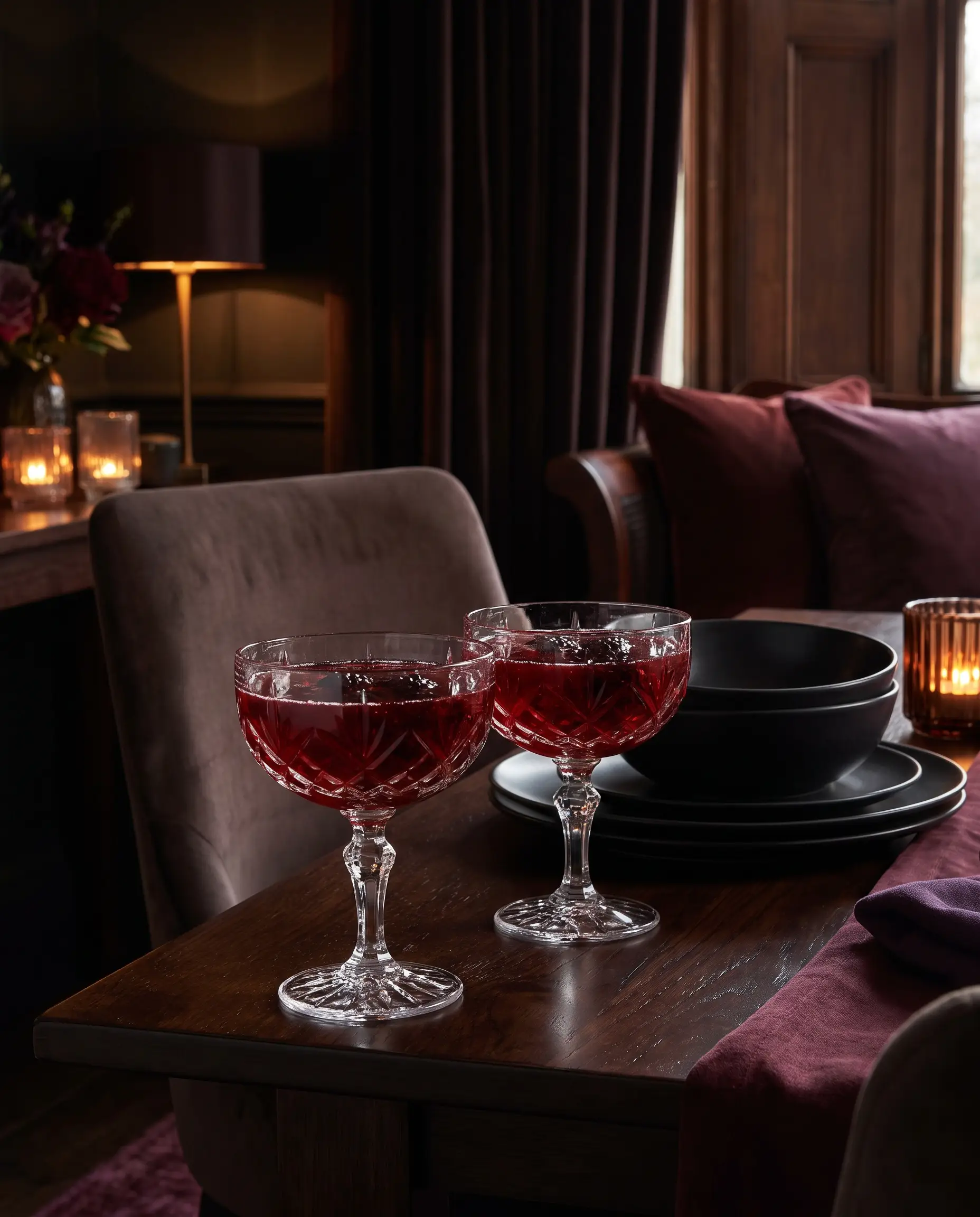 Heavy vintage-inspired cut-crystal coupes filled with a deep red cocktail rest on a dark dining table alongside matte black stoneware plates.