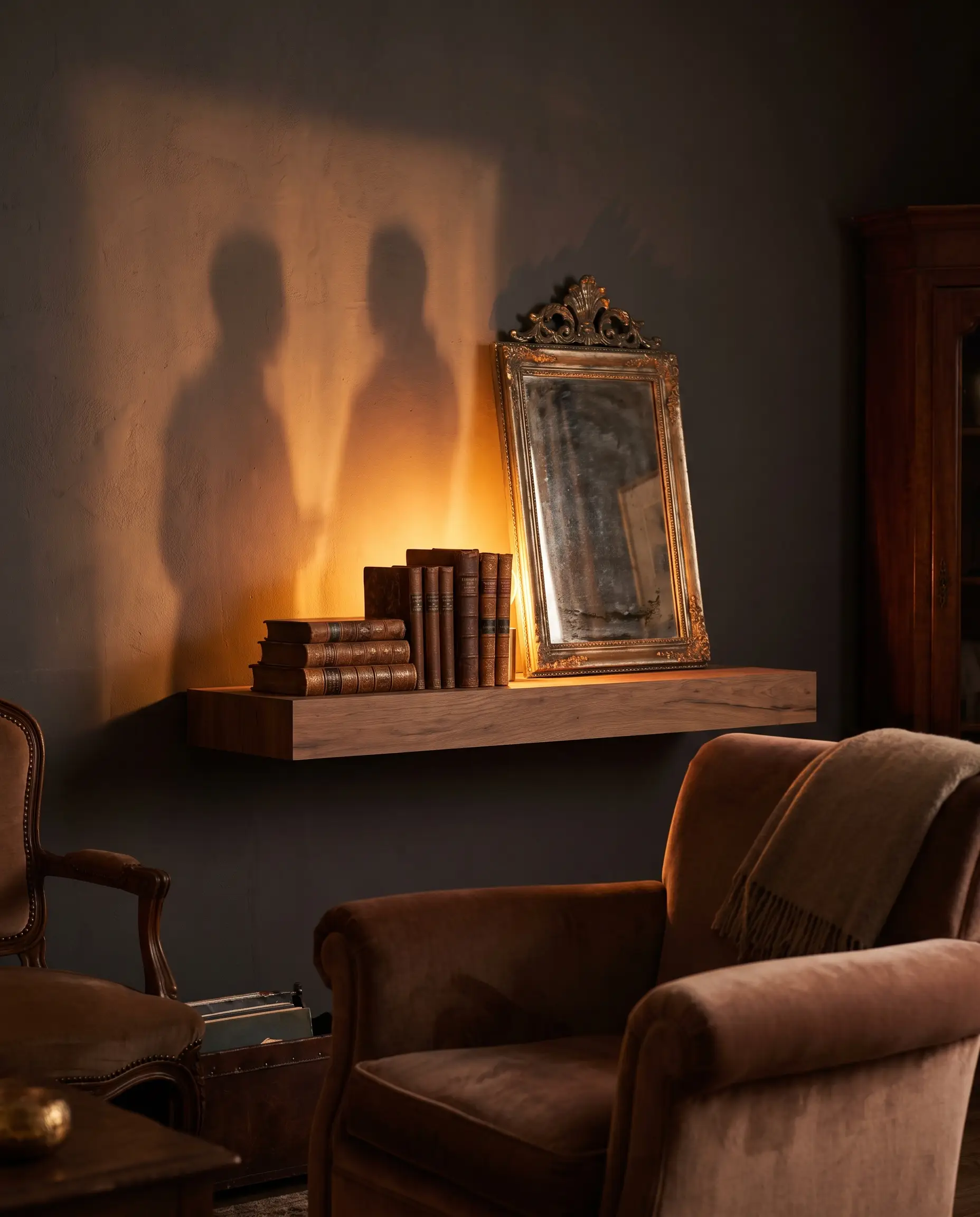 Hidden warm-white LED strip lights cast silhouettes behind a stack of antique books and a leaning vintage mirror on a wooden floating shelf.
