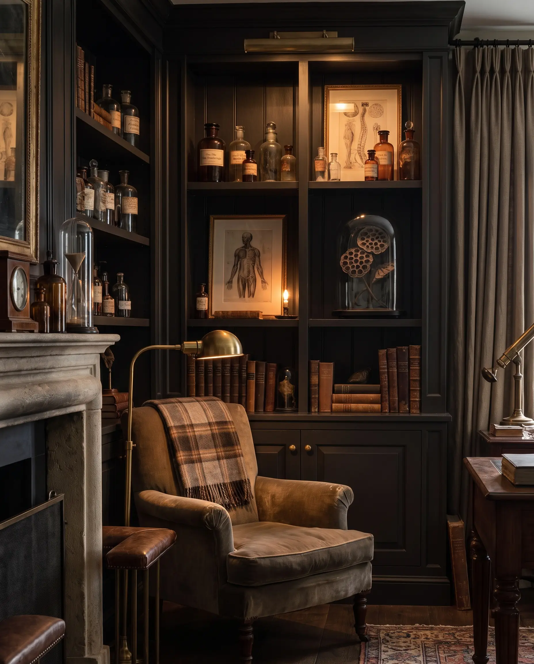 Built-in wooden floating shelves display vintage apothecary bottles, anatomical sketches, stacked antique books, and a dried lotus pod under a glass cloche.
