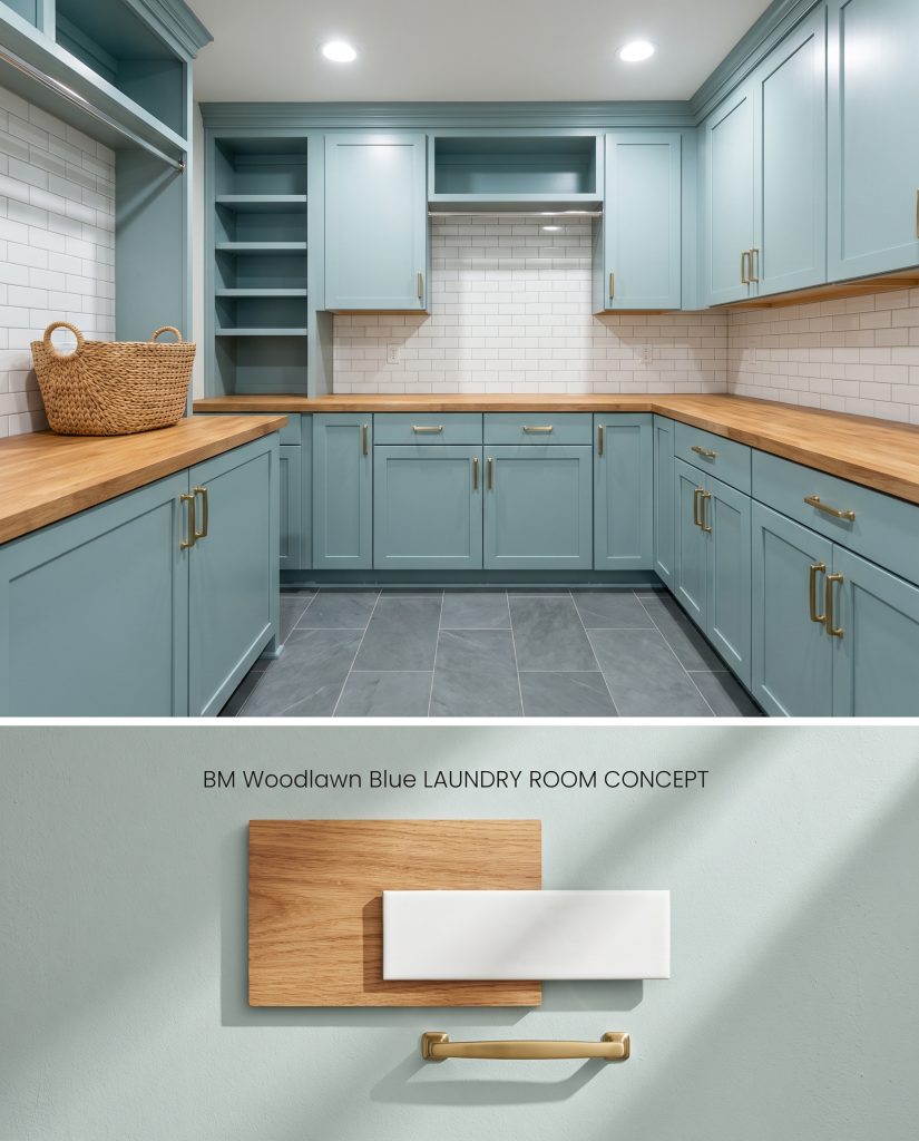 A split digital board presenting cheerful laundry room cabinets on top and physical butcher block and subway tile samples below.