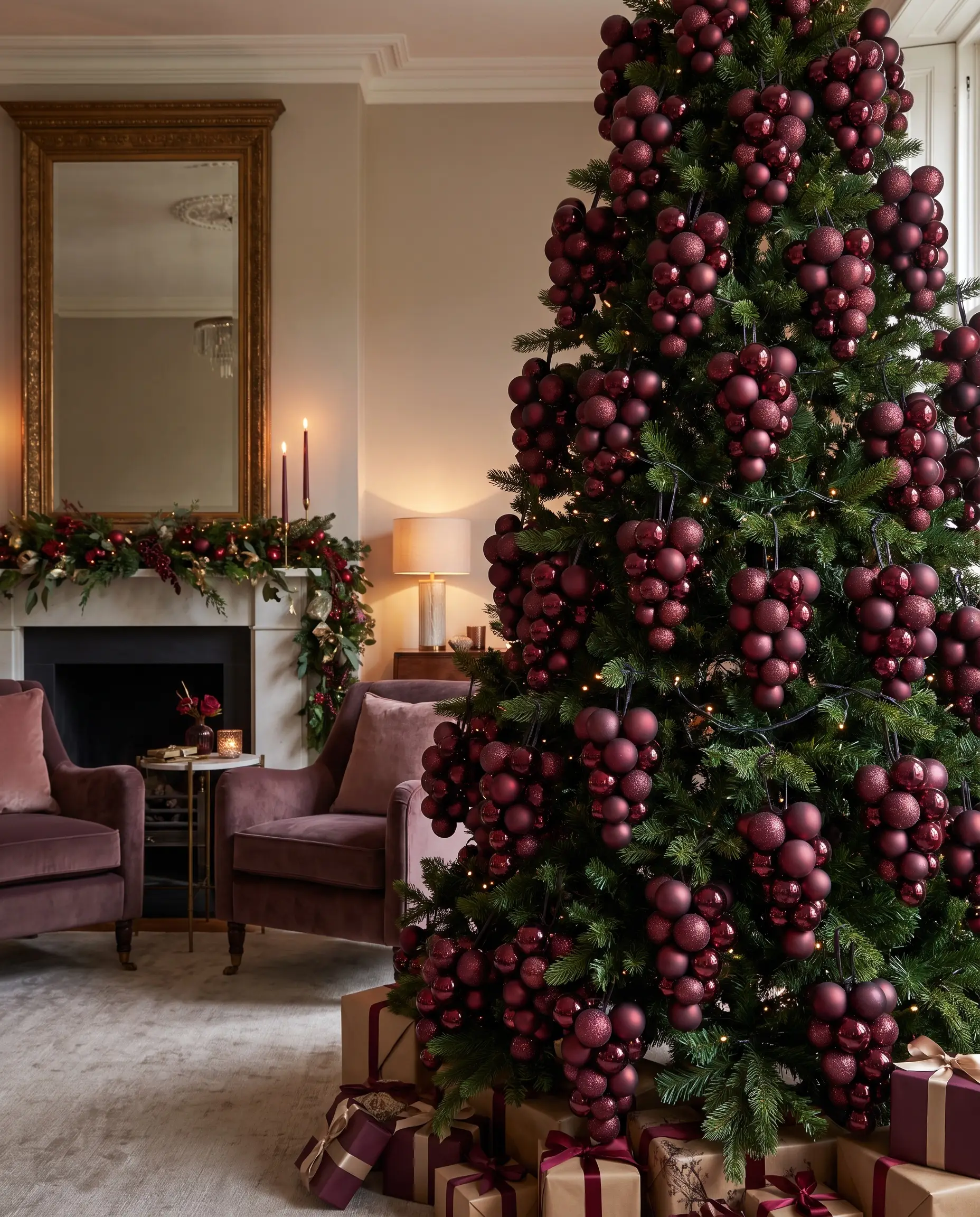 Custom grape bunch clusters of small glass baubles in mixed matte, gloss, and glitter finishes are secured tightly to thick branches using hidden floral wire.