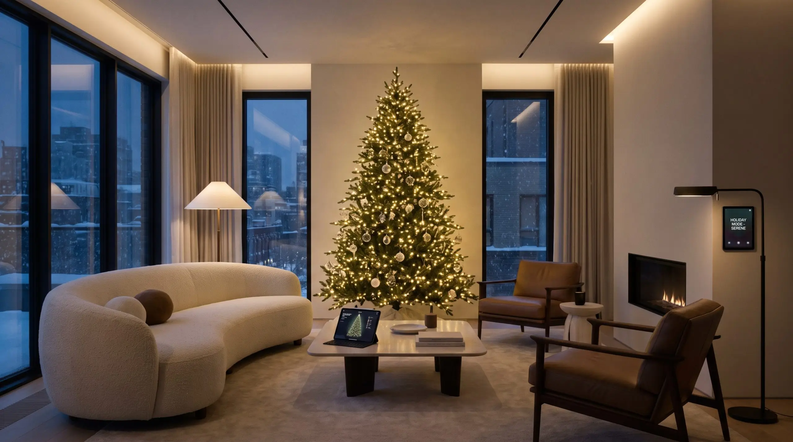 Refined 2026 Christmas tree decor utilizes smart mapping technology to create a subtle twinkle effect with warm white baseline lights in an elegant living room.