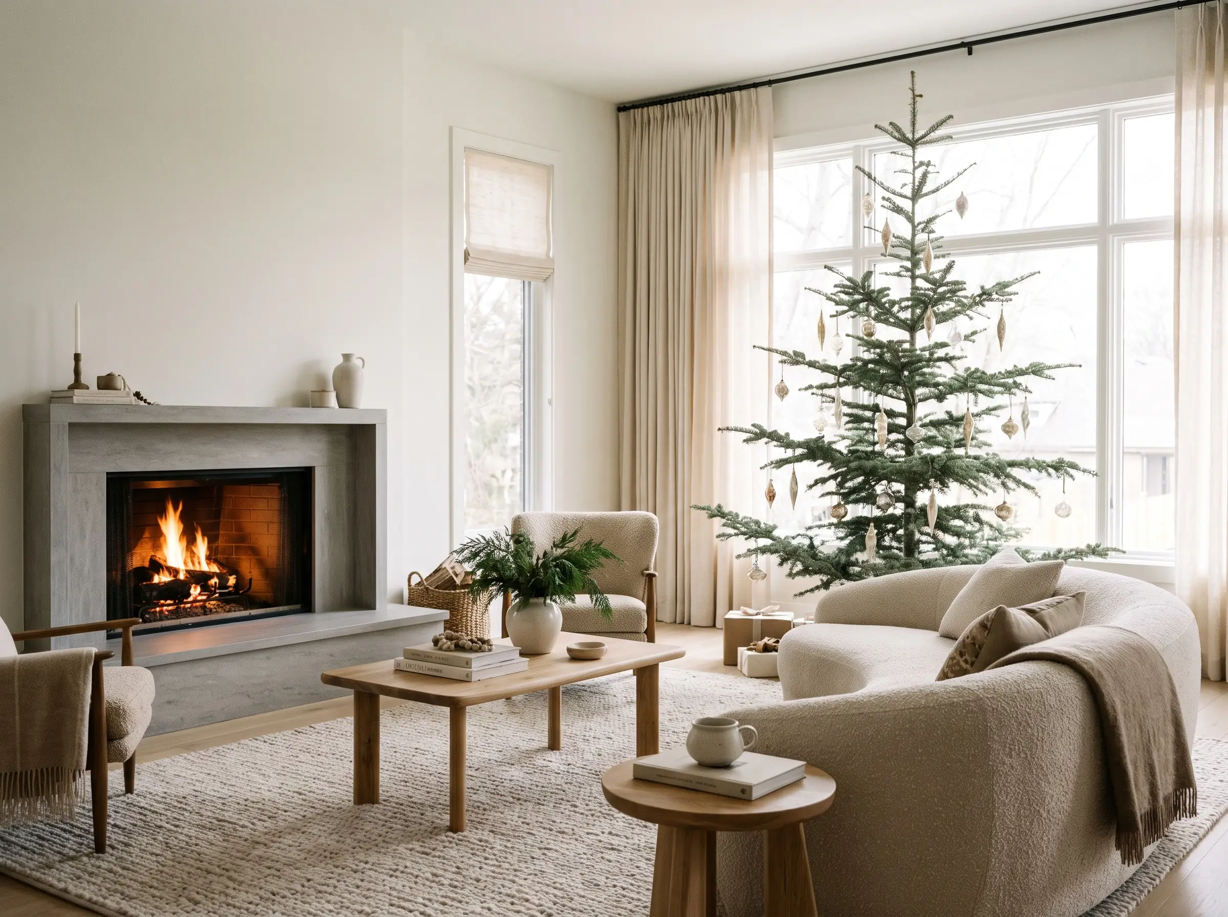 A sparse asymmetrical Alpine Silvertip fir features wide branch gaps showcasing elongated heirloom glass ornaments dangling cleanly above an organic modern living room fireplace.