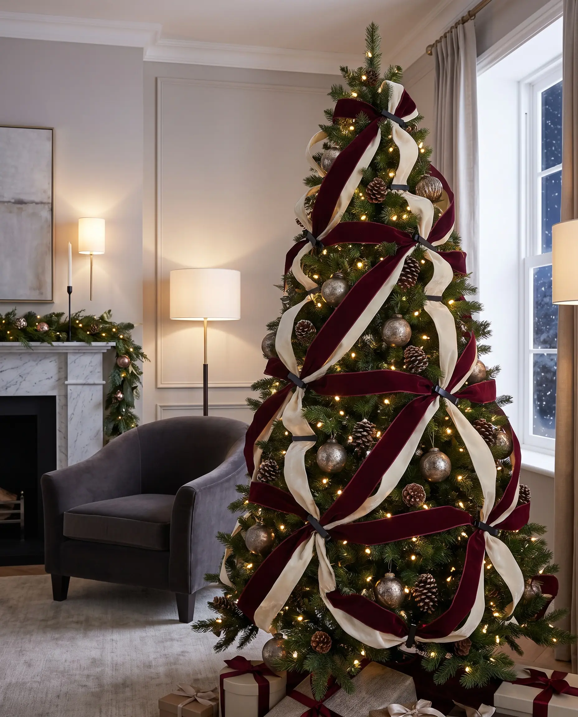 Heavy fabric ribbon weaves vertically and diagonally through branches in a structural Z-pattern draping technique, anchored deep near the trunk for professional holiday styling.