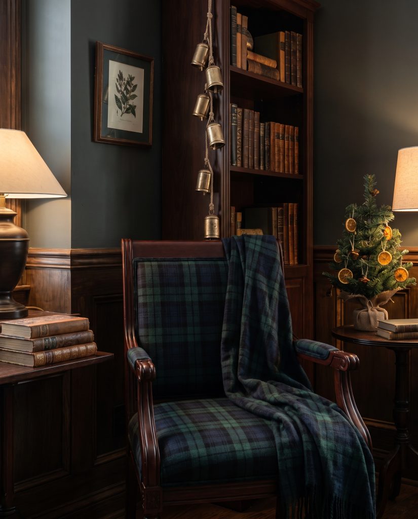 Woven wool Black Watch plaid textiles drape over a dark mahogany armchair beside brushed brass holiday bells in a Farrow and Ball Studio Green study.