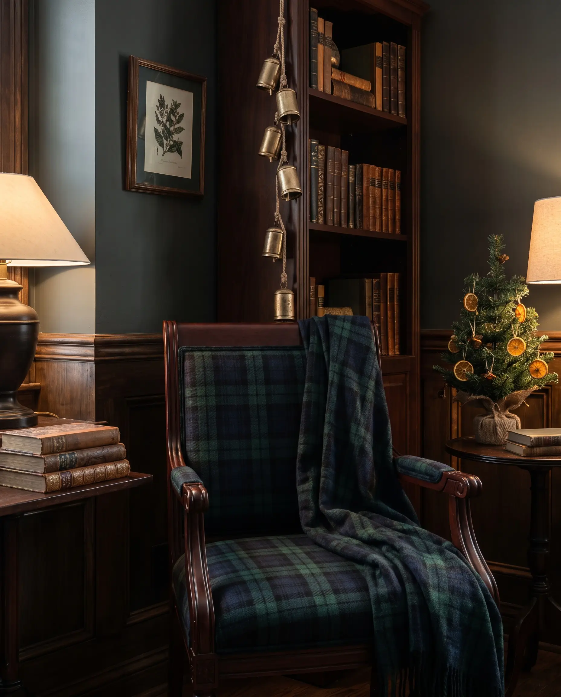 Tessuti in lana scozzese tartan Black Watch drappeggiati su una poltrona in mogano scuro accanto a campanelle in ottone spazzolato, in uno studio dipinto in Studio Green di Farrow and Ball.