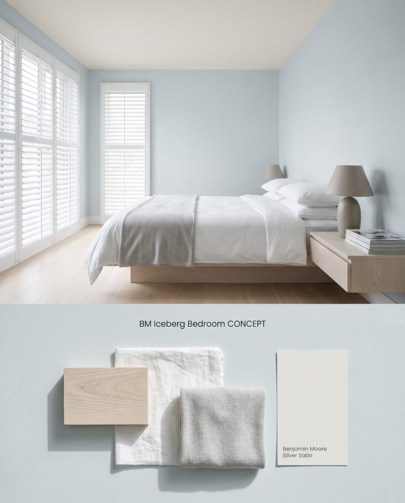 A split layout board displaying a minimalist bedroom with soft icy blue walls above samples of bleached ash and gray cashmere.