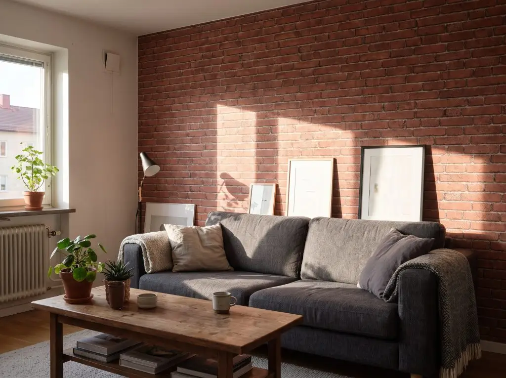 A comfortable fabric sofa and warm wood coffee table sit against a 3D embossed red brick wallpaper accent wall with potted plants.