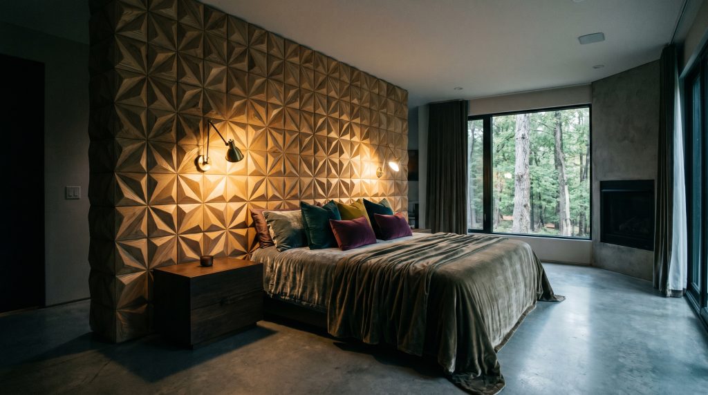 Tessellated 3D wooden wall panels crafted from solid ash geometric tiles span a luxury primary suite behind a plush bed and articulated brass sconces.