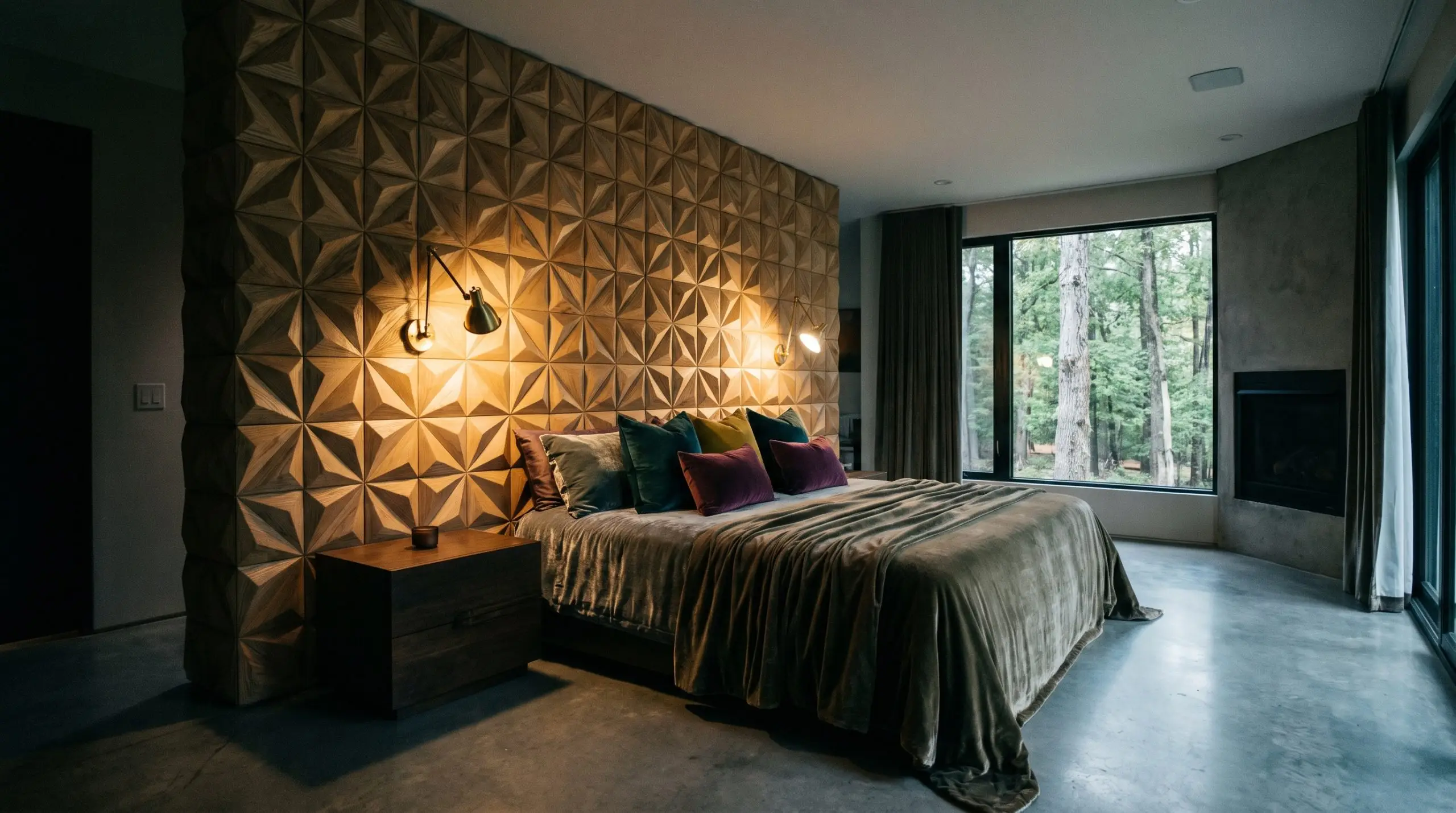 Tessellated 3D wooden wall panels crafted from solid ash geometric tiles span a luxury primary suite behind a plush bed and articulated brass sconces.