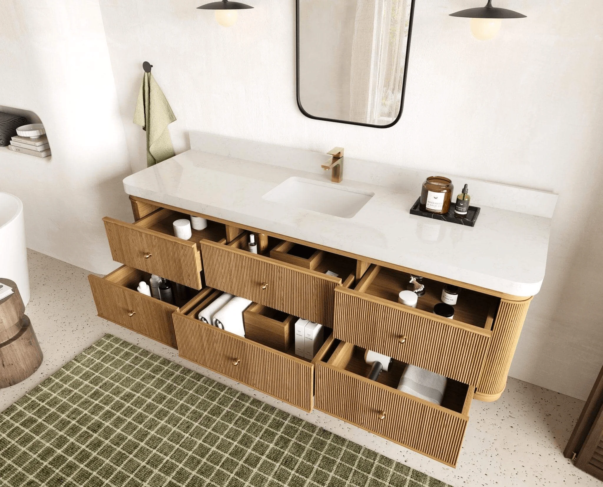 Hampton 72-inch floating single-sink vanity, shown with drawers open. Interior rendering.