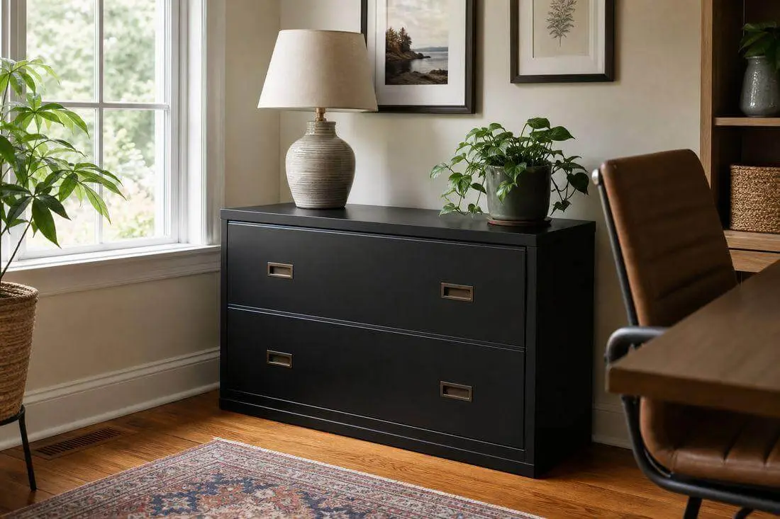 Storage at desk height doubles as surface. That is the trick that makes filing disappear into the room.