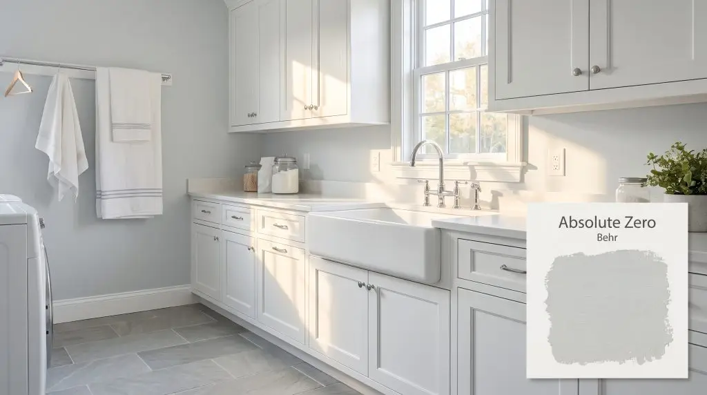 Crisp morning sunlight brightens white shaker cabinets and a farmhouse sink against a pale silvery-blue Behr Absolute Zero (Hex #cbd3d5) wall.