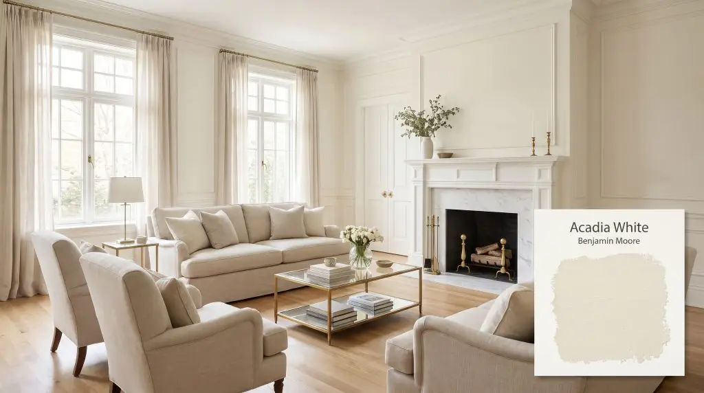 Large windows and a white marble fireplace highlight a bright living room painted in Benjamin Moore Acadia White (Hex #F2EFDF) with oak floors.