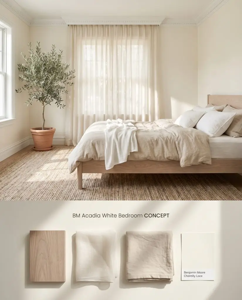 A conceptual composite visualization featuring a serene off-white bedroom bathed in afternoon light, positioned over bleached walnut and washed cotton physical samples.