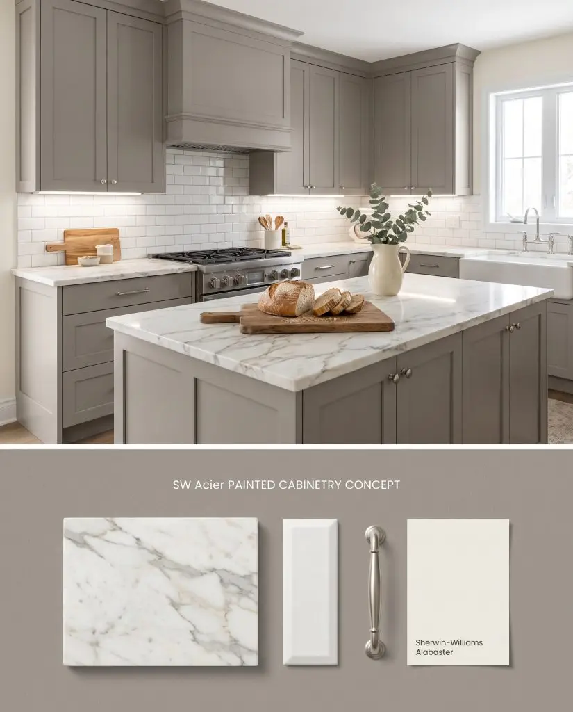 A dual-section visualization presenting gray kitchen cabinetry on top and a material flat-lay of Calacatta marble and subway tile below.