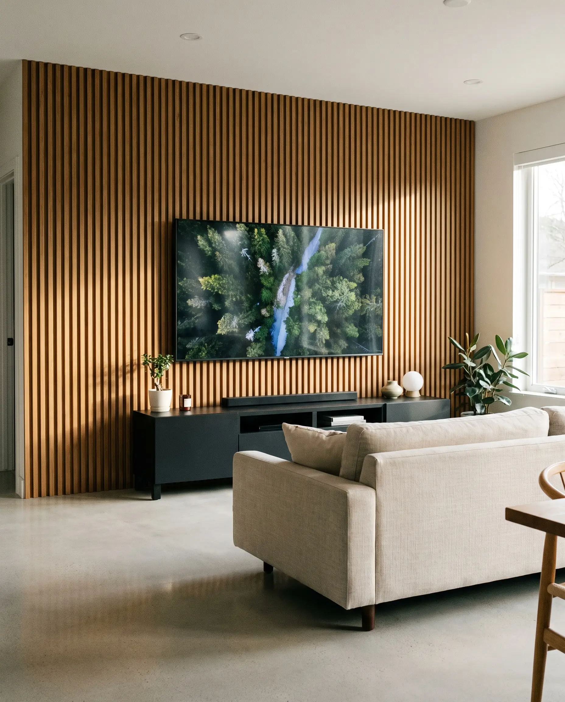 Vertical acoustic WPC wood slats create a textured media wall behind a flat-screen television in a Japandi living room with a linen sofa.