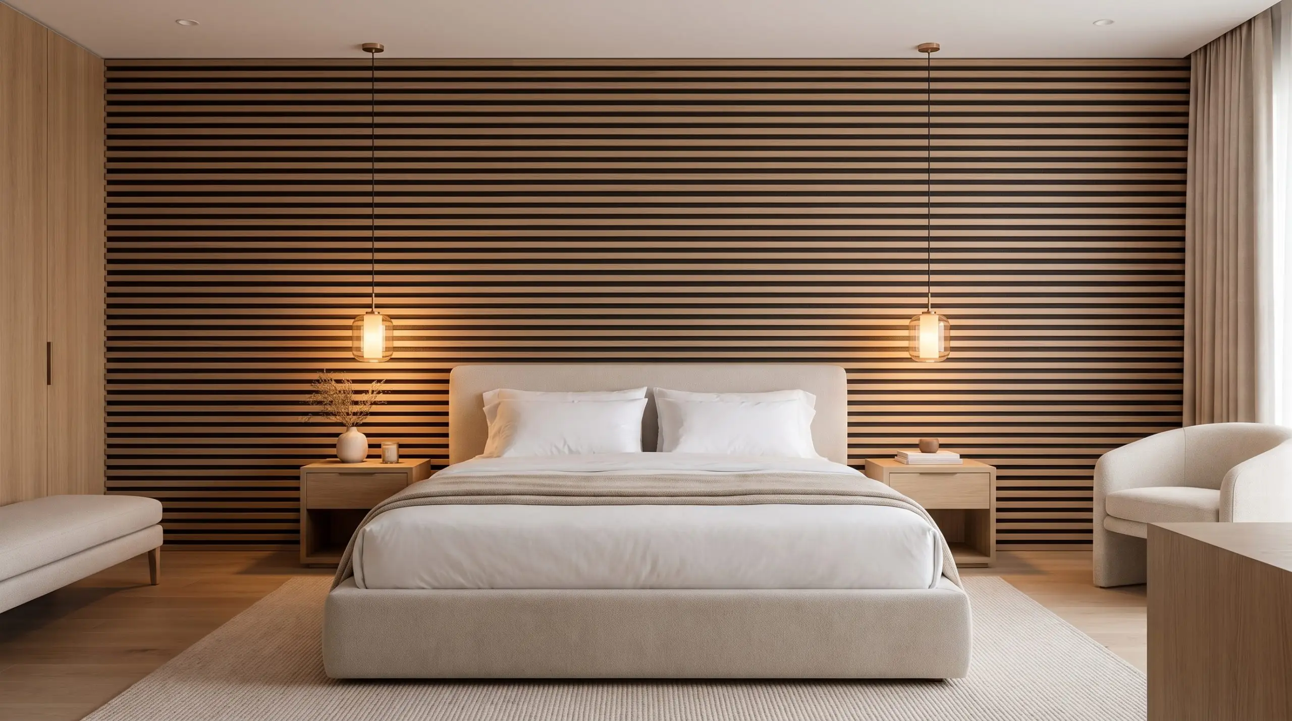 An oversized wall-to-wall headboard constructed from acoustic felt-backed 3D wall panels anchors a plush platform bed dressed in crisp white linens.