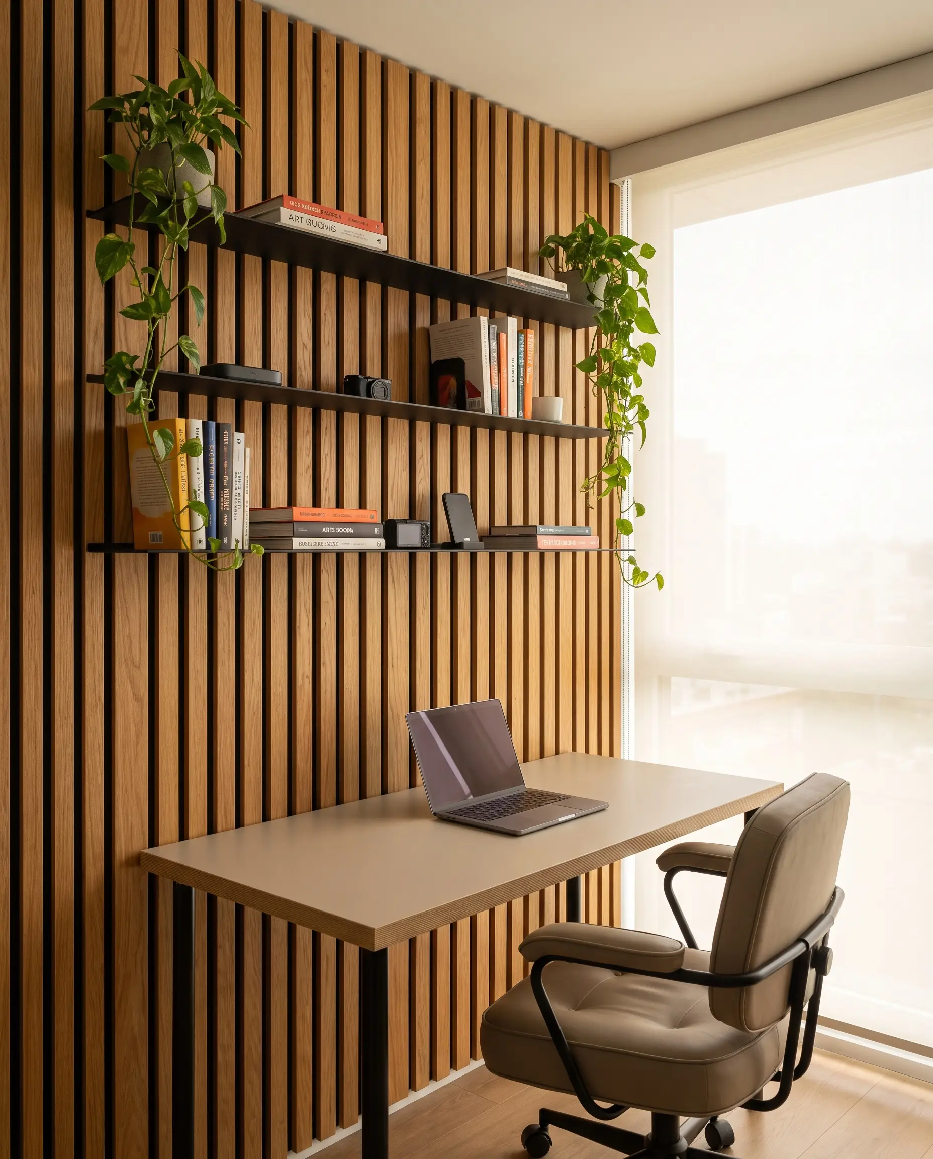 Custom powder-coated black steel floating shelves slide directly into the gaps of acoustic 3D wall panels, displaying art books in a minimalist office.