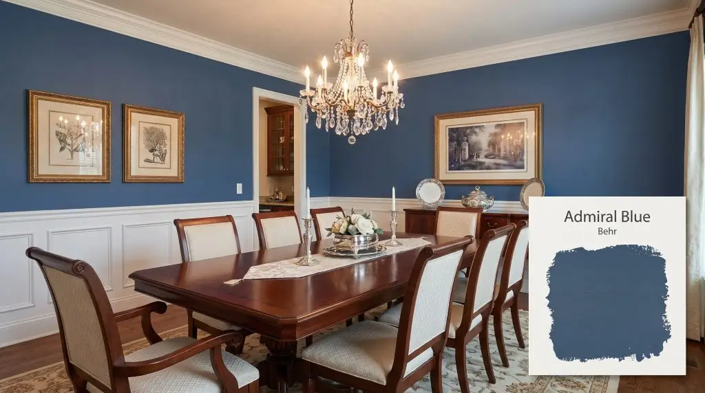 A rich mahogany dining table and upholstered chairs sit beneath a crystal chandelier, framed by white wainscoting and deep Behr Admiral Blue (Hex #3e5b7d) walls.