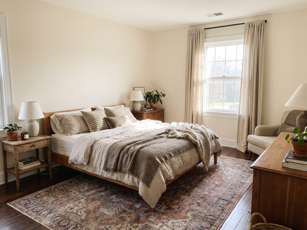 Bedroom walls painted Sherwin-Williams Alabaster provide a creamy backdrop for a comfortable bed dressed in layered organic textiles over a vintage rug.