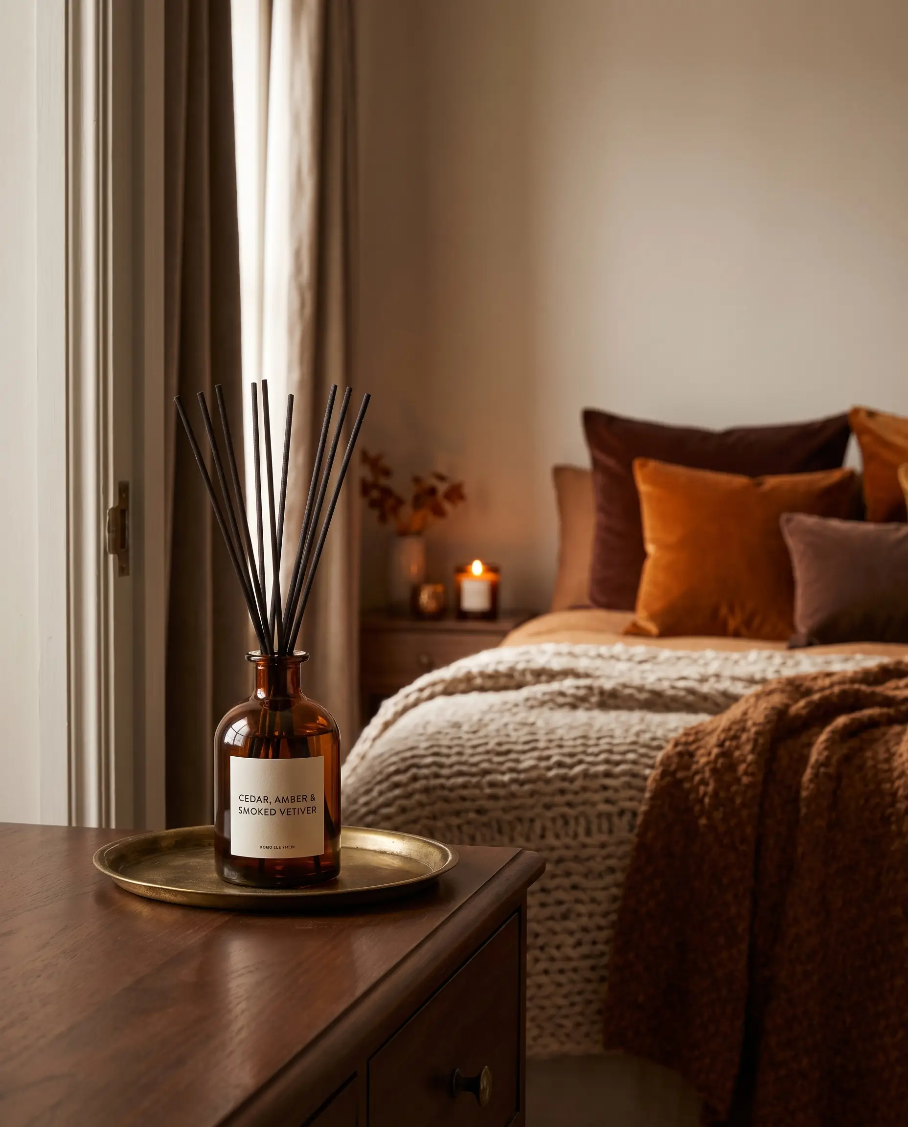 An elegant amber glass reed diffuser sits on a small brass accent tray atop a bedroom dresser surrounded by moody lighting.