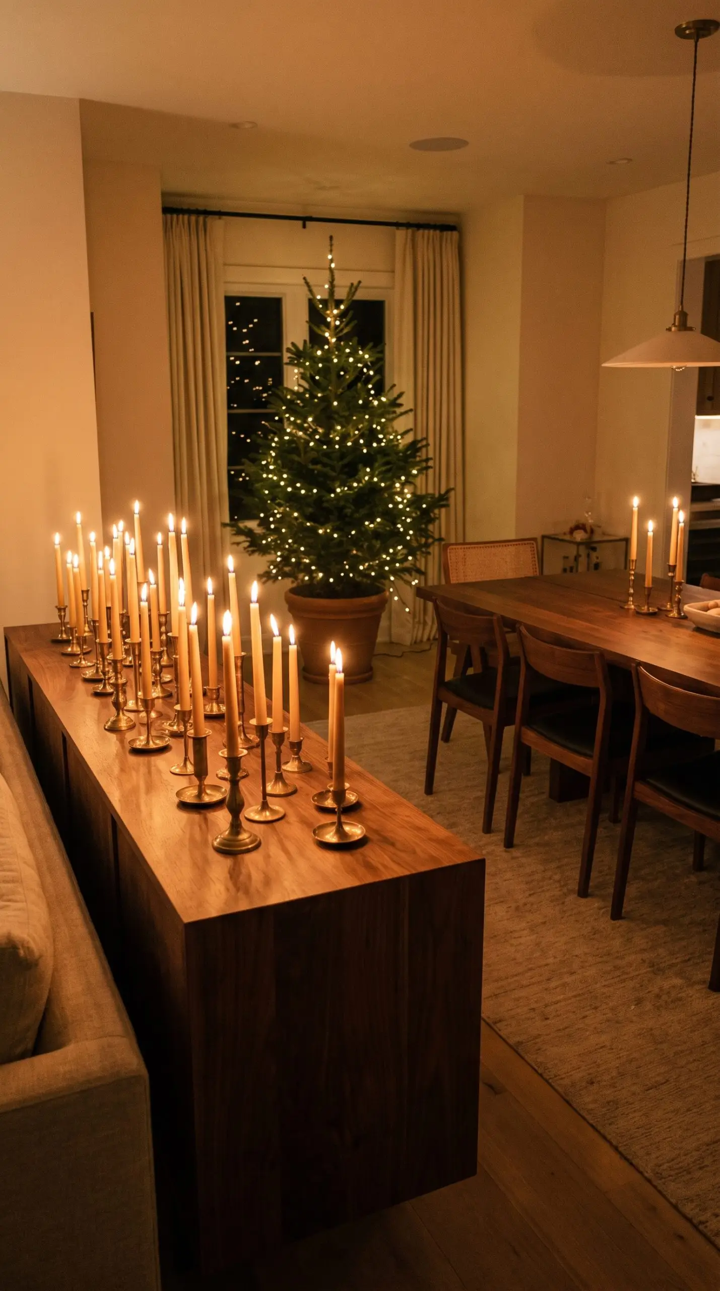 Composizioni di candele affusolate in cera d'api naturale su candelieri in ottone non laccato, posizionate su una credenza in legno accanto a un sempreverde in vaso.